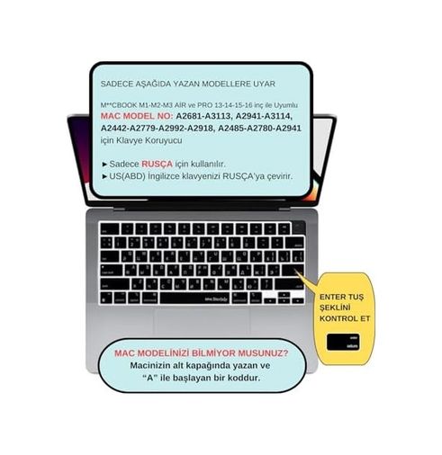 Aebo 132313549 Macbook Rusça Klavye Koruyucu Us Amerikan Enter M1-M5 A2681 A3113 A3240 A3449 A2941 A3241 A2442 A2779 A2992 A2485 A2991 Russian Keyboard Cover Touch Id Siyah