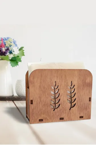AHWALL AW00352M Ahşap Dekoratif Peçetelik Yaprak Temalı Ceviz Renk