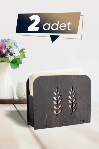 AHWALL AW00352R2 Ahşap Dekoratif Peçetelik Yaprak Temalı Desenli Siyah Renk 2 Adet