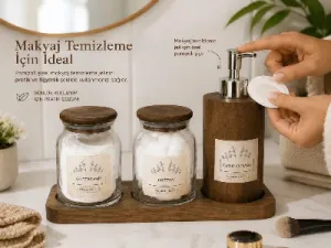 Akasya Standlı 3’lü Banyo Düzenleyici Set – Ahşap Pompalı Şişe ve Pamukluk