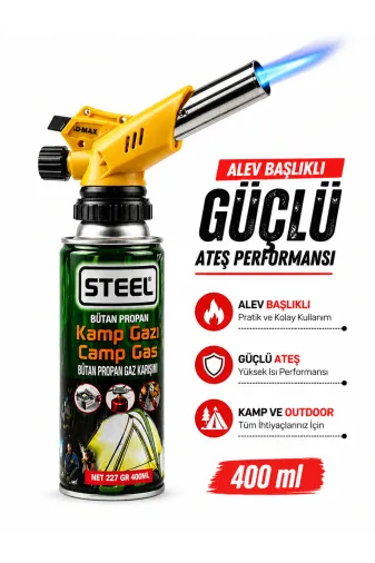 akatsuki 400mm k Steel Kamp Gazı Pürmüz Başlıklı 400 Ml Bütan Propan Gaz Kartuşu
