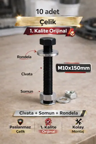akatsuki M10*150 Paslanmaz Çelik Civata + Somun + Rondela Seti (M10X150Mm) – 10 Adet