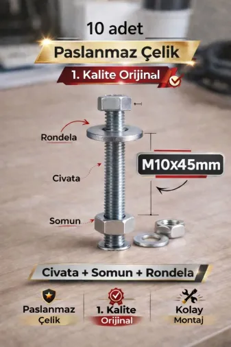 akatsuki M10*45 Paslanmaz Çelik Civata + Somun + Rondela Seti (M10X45Mm) – 10 Adet