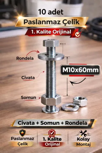 akatsuki M10*60 Paslanmaz Çelik Civata + Somun + Rondela Seti (M10X60Mm) – 10 Adet