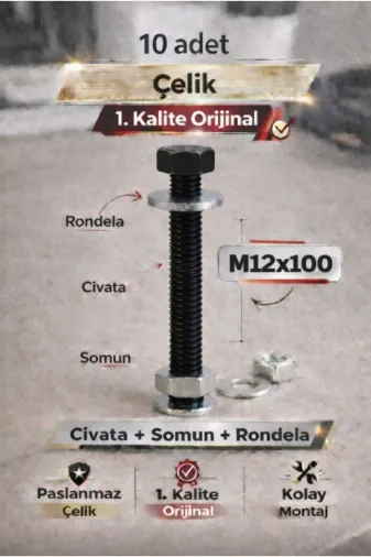 akatsuki M12*1000 Paslanmaz Çelik Civata + Somun + Rondela Seti (M12X100Mm) – 10 Adet