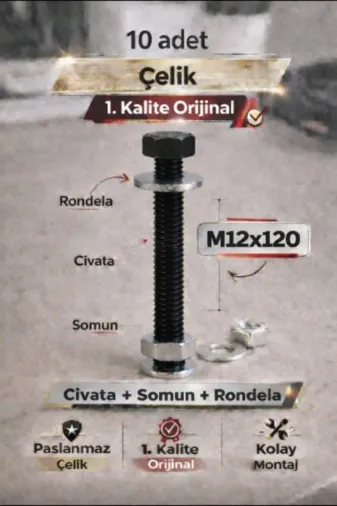 akatsuki M12*120 Paslanmaz Çelik Civata + Somun + Rondela Seti (M12X120Mm) – 10 Adet