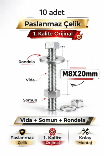 akatsuki Paslanmaz Çelik Civata + Somun + Rondela Seti (M8X20Mm) – 10 Adet