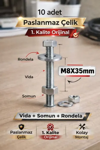 akatsuki Paslanmaz Çelik Civata + Somun + Rondela Seti (M8X35Mm) – 10 Adet