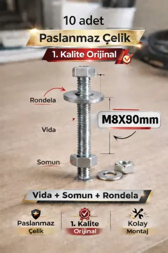 akatsuki Paslanmaz Çelik Civata + Somun + Rondela Seti (M8X90Mm) – 10 Adet