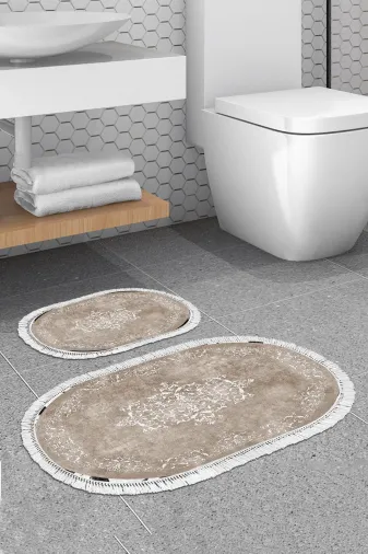 Alanur Home 616-eko-klozet-oval-K-S-Oval Eko Trend Djt 2 Li Yıkanabilir Kaymaz Taban Oval Banyo Paspas 616 Klasik Bej (60 X 100 - 50 X 60)