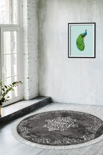 Alanur Home 616-Trend-Banyo-Yuvarlak Eko Trend Djt Banyo Paspası Yıkanabilir Kaymaz Taban 616 Yuvarlak Klasik Gri