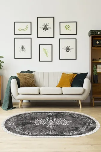 Alanur Home 616-Trend-Oval Eko Trend Djt Halı Yıkanabilir Kaymaz Taban 616 Oval Klasik Gri