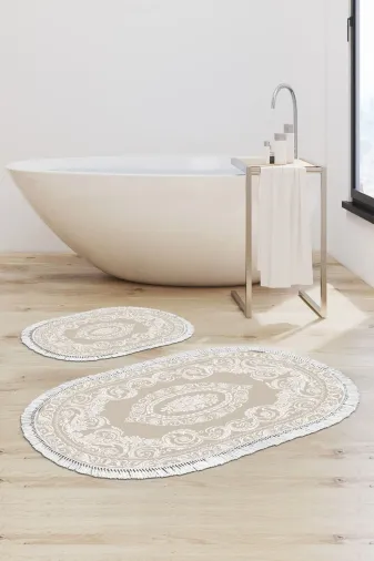 Alanur Home 747-eko-klozet-oval-2-K-S-Oval Eko Trend Djt 2 Li Yıkanabilir Kaymaz Taban Oval Banyo Paspas 747 Klasik Bej (50 X 80 - 40 X 50)