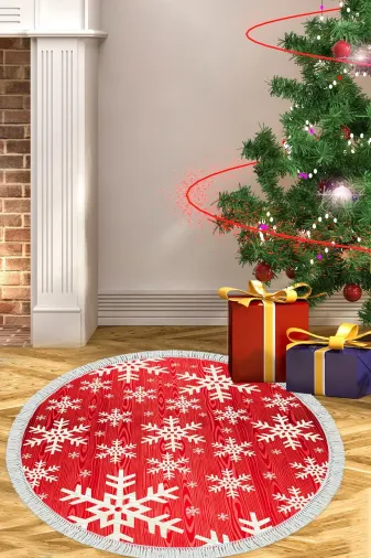 Alanur Home Chr11M-K-S-Yuvarlak Yılbaşına Özel Keçe Dijital Yıkanabilir Yuvarlak Halı Chr11M Kırmızı