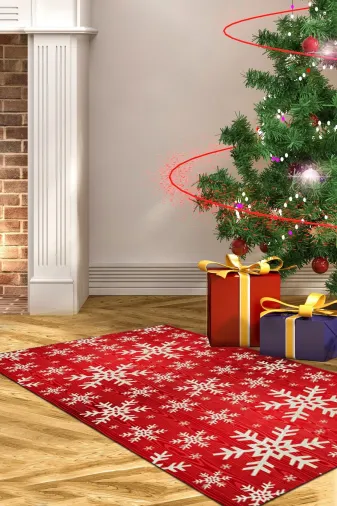 Alanur Home Chr11M-P Yılbaşına Özel Pamuk Dijital Yıkanabilir Halı Chr11M Kırmızı