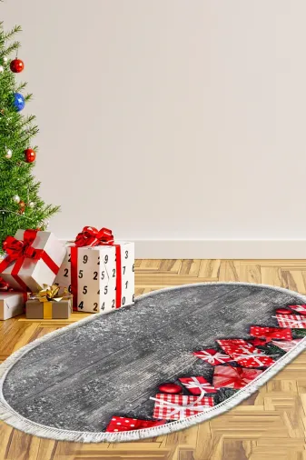 Alanur Home CHR1M-K-S-Oval Yılbaşına Özel Keçe Dijital Yıkanabilir Oval Halı Chr1M Gri