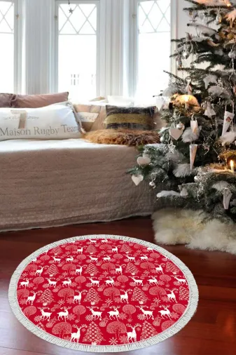 Alanur Home CHR3M-K-S-Yuvarlak Yılbaşına Özel Keçe Dijital Yıkanabilir Yuvarlak Halı Chr3M Kırmızı