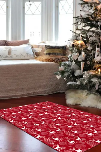 Alanur Home CHR3M-K Yılbaşına Özel Keçe Dijital Yıkanabilir Halı Chr3M Kırmızı