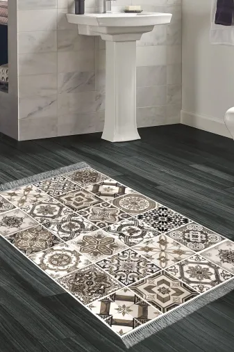 Alanur Home Mu144-Trend-Banyo Eko Trend Djt Banyo Paspası Yıkanabilir Kaymaz Taban Mu144 Patchwork Kahve
