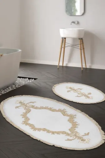 ALANUR SIRMA Sırma Welsoft Dantelli Saçaklı Oval Banyo 2'li Klozet Takımı Krem