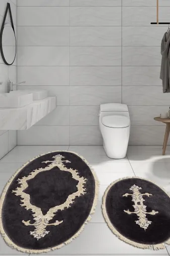 ALANUR SIRMA Sırma Welsoft Dantelli Saçaklı Oval Banyo 2'li Klozet Takımı Antrasit