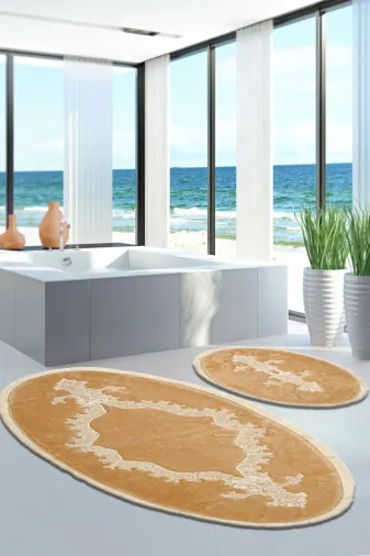 ALANUR SIRMA Sırma Welsoft Dantelli Saçaklı Oval Klozet Takımı 2 Pcs Cappuccino