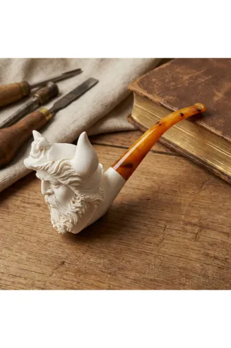 Altınışık Lületaşı dop20278023igo El Oyması Lületaşı Viking Pipo, Boynuzlu Miğferli Sakallı Figür, Akrilik Ağızlık