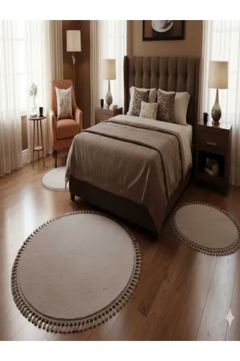 ALTUN CARPET HDFGYJHJ Vizyon Renk Ponpon Saçaklı Plüş Halı 3 Takım Halınde 1 Adet 200 X 200 + 2 Adet 100 X 100