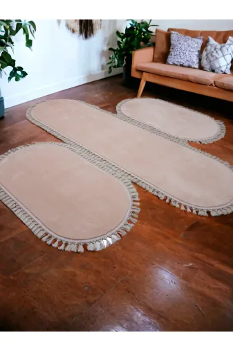 Altun YATAKODASIÖLÇÜHGFVHT Alyun Carpet 3Lüx Pembe Pudra Ponpon Saçaklı Madern Post Pelüş Yatak Odası Kaymaz Halı