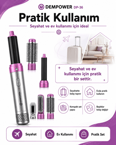 Anti Statik Etkili 5 Başlıklı Saç Şekillendirici Sıcak Hava Fırçası ve Maşa Seti