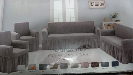 Arlisa jakarlı Kare Cizgili Etekli Maksi Koltuk Örtüsü 3+3+1+1 A Kahve