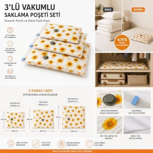ART 57855210125299080184975 3&apos Lü Vakumlu Hurç Saklama Seti Şeffaf Ön Yüzlü Yorgan Battaniye Kıyafet Düzenleme Ve Depolama Poşeti Açık Gri