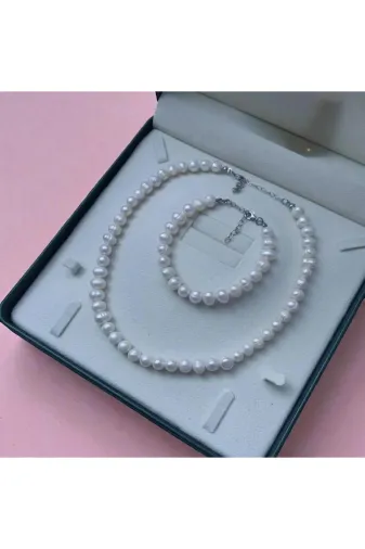 ART LİFE DOĞALTAŞ Natural Stones 548489454865 50Cm - Sertifikalı 925 Ayar Gümüş Doğal 8Mm İnci Kolye Bileklik Set