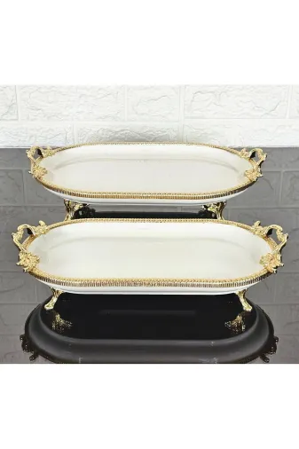 atabey home çerçevelikayıkserisi 2'li Oval Porselen Küçük Ve Büyük Sade Kayik Sunumluk Döküm Gold Çerçeveli Ve Dört Ayakli