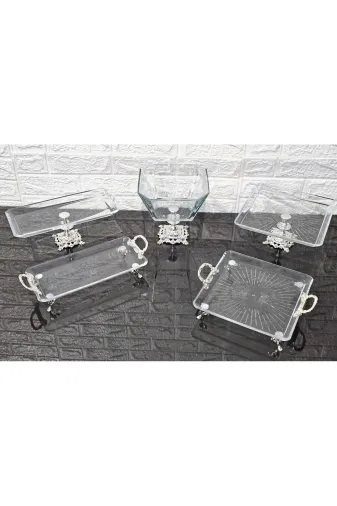 atabey home collection ATABEYÇEYİZSETİ1 5 Parça Gümüş Döküm Ayaklı Ve Kulplu Sunumluk & Çeyiz Set |Pasta–Kurabiye–Tatlı–Servis Tabağı-Kase
