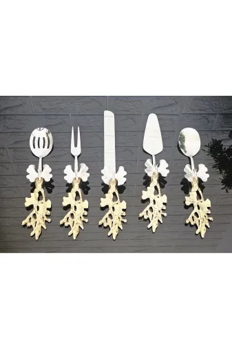 atabey home collection ATABEYSERVİSSETİ5PARÇADÖKÜM 5 Parça Kelebek Detaylı Gold Servis Seti & Pasta Servisi & Spatula,kevgir,bıçak,çatal