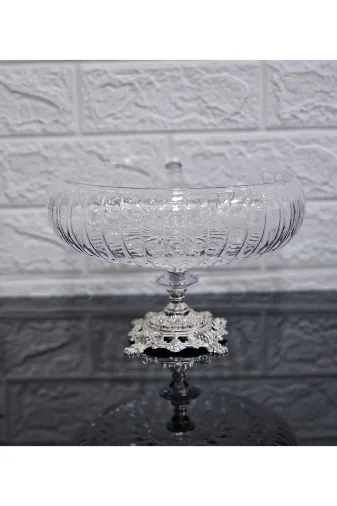 atabey home collection Kesmegold Lotus Kristal 24 Cm Kare Kesme Dekor Gümüş Ayak Linea Salata Kasesi
