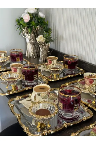 atabey home collection TYC2931DE6E1AC53F1 6 Adet Sunum Tepsisi Gül Çerçeve Gold Şerit-Gümüş Tepsi