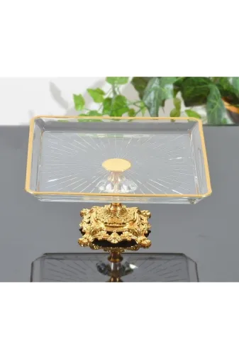 atabey home esr68683 Döküm Ayaklı Yaldız Detaylı Kare Servis Tabağı Altın