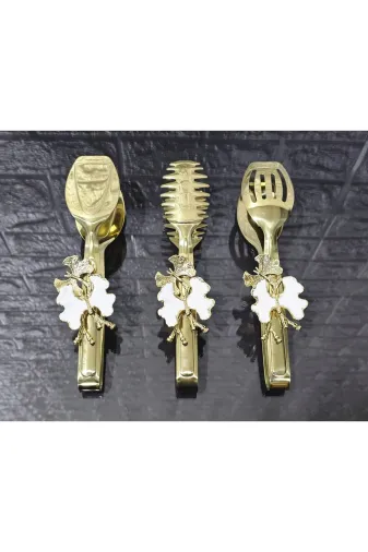 atabey home TYCL8B34MN170125353660002 Gold Servis Maşa Seti 3'lü Beyaz Kelebek/makarna/pasta/yemek/sunum Maşası Titanyum