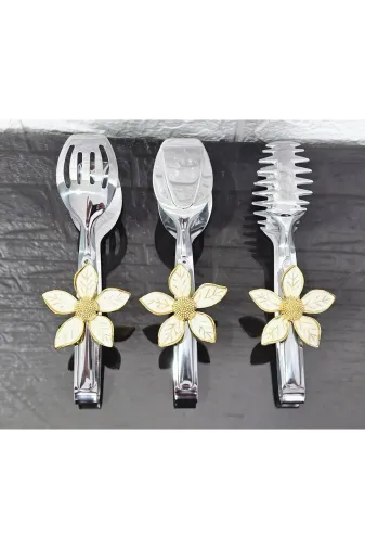 atabey home TYCL8B34MN170125353660002 Gümüş Servis Maşa Seti 3'lü Gold Papatya Beyaz Makarna/pasta/yemek/sunum Maşası