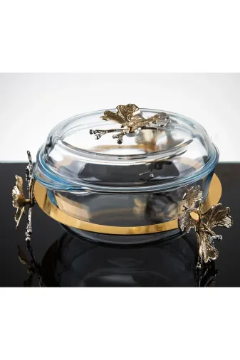 atabey home YUVARLAKTENC Yuvarlak Kelebek Standli Borcam Tencere 3150Cc 25 Cm Gold