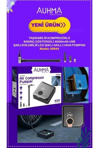 Auhma A5544 Komprasörlü Basınç Göstergeli 4000Mah Şarj Edilebilir Hava Pompası