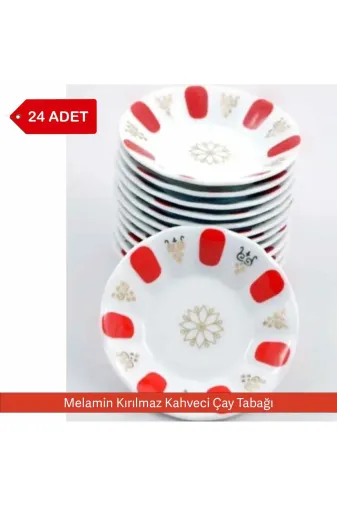 Avangart Mutfak AVK008 24 Adet - Kırılmaz Melamin Kahveci Çay Tabağı 10 Cm Kırmızı, Beyaz Yaldızlı