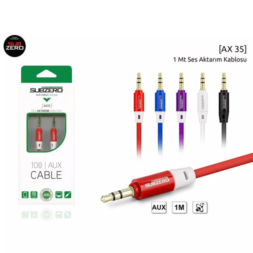 ax3535ax Subzero Aux Kablo 1 Metre Renkli Ses Aktarım Kablosu 3.5 Jack Giriş Ax35