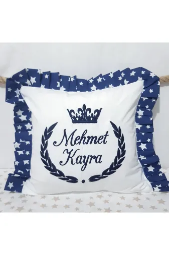 Baby Clime 1.KIRLENT Nakışlı Kırlent Bebek Isimli 40X40 Cm Içi Dolgulu Fırfırlı Kırlent Lacivert