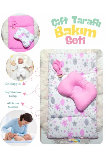 Baby Clime ÇİFT BAKIM-1 Çift Taraflı Bebek Bakım Seti - Alt Açma Minderi, Baş Düzeltme Yastığı Ve Ahşap Diş Kaşıyıcı