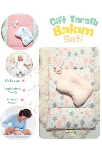 Baby Clime ÇİFT BAKIM-3 Çift Taraflı Bebek Bakım Seti - Alt Açma Minderi, Baş Düzeltme Yastığı Ve Ahşap Diş Kaşıyıcı