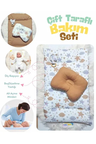 Baby Clime ÇİFT BAKIM-4 Çift Taraflı Bebek Bakım Seti - Alt Açma Minderi, Baş Düzeltme Yastığı Ve Ahşap Diş Kaşıyıcı