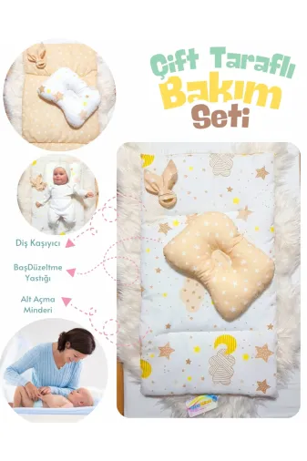 Baby Clime ÇİFT BAKIM-6 Çift Taraflı Bebek Bakım Seti - Alt Açma Minderi, Baş Düzeltme Yastığı Ve Ahşap Diş Kaşıyıcı